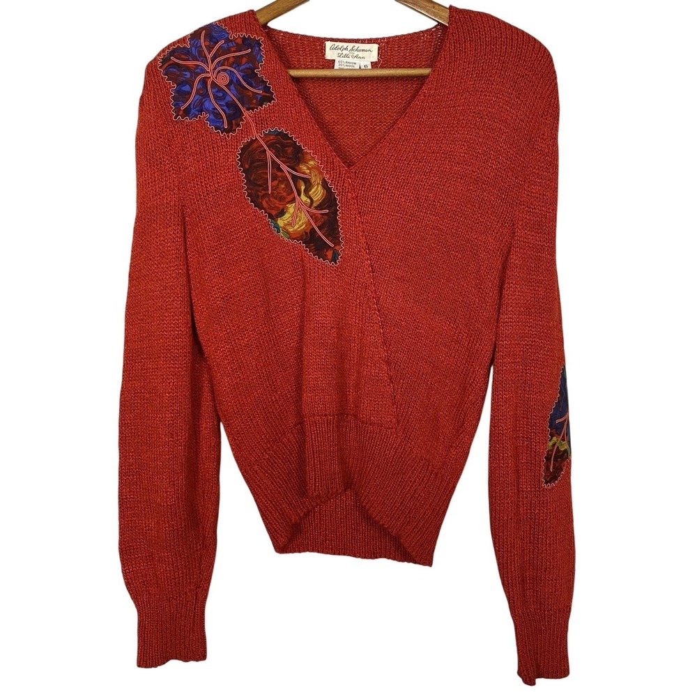 Vtg 70s Adolf Schuman Lilli Ann Sweater‎ Antique Red Handmade Art Wool Pullover